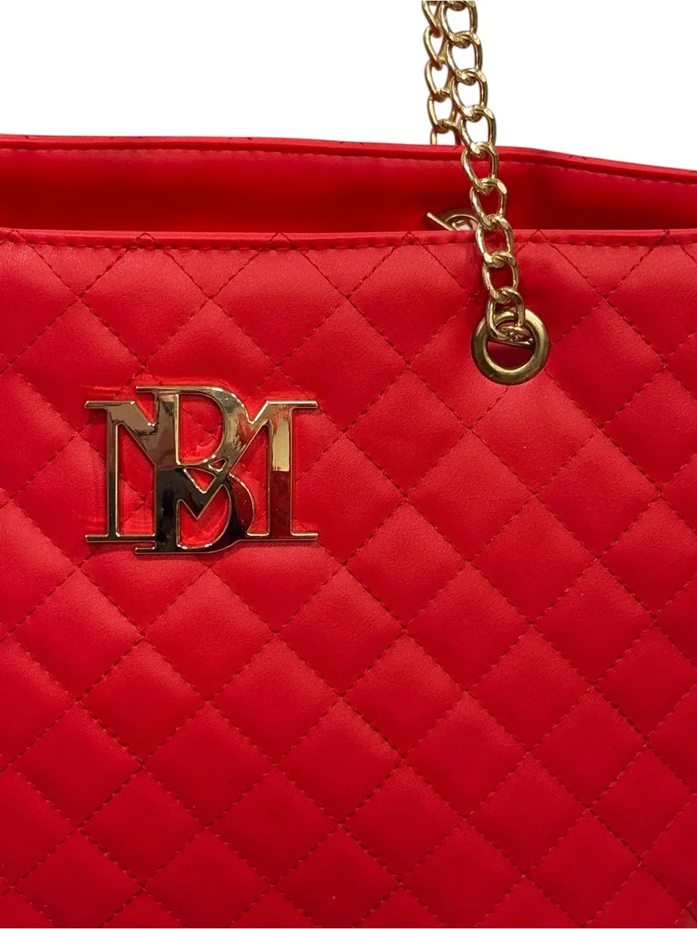 Badgley Mischka Large Red Quilted Tote w/Gold-tone Chain Handles